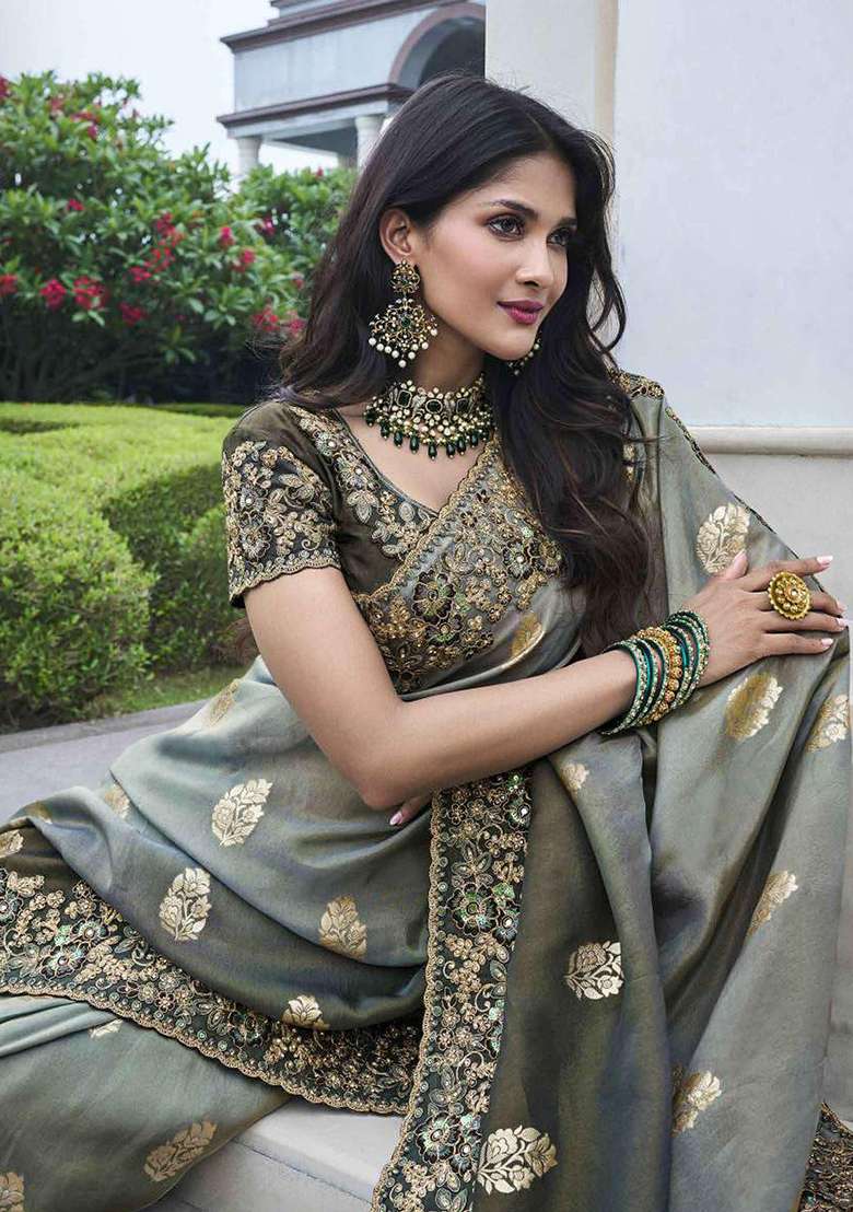 Grey Embroidered Silk Blend Saree Set - Indya